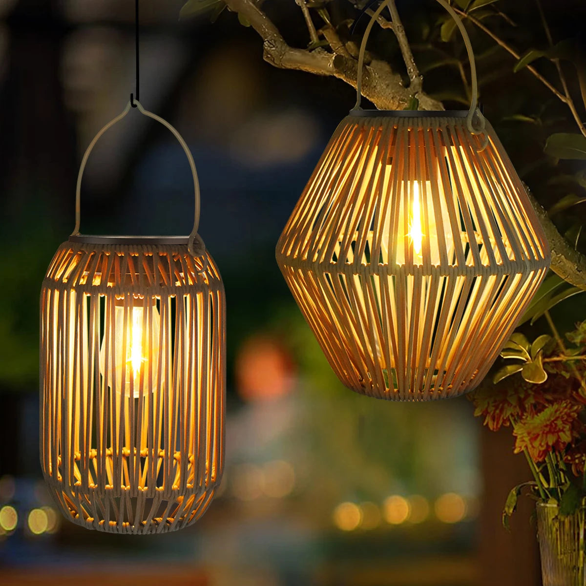 Solar Boho Hanging Lantern – Woven Rattan-Style