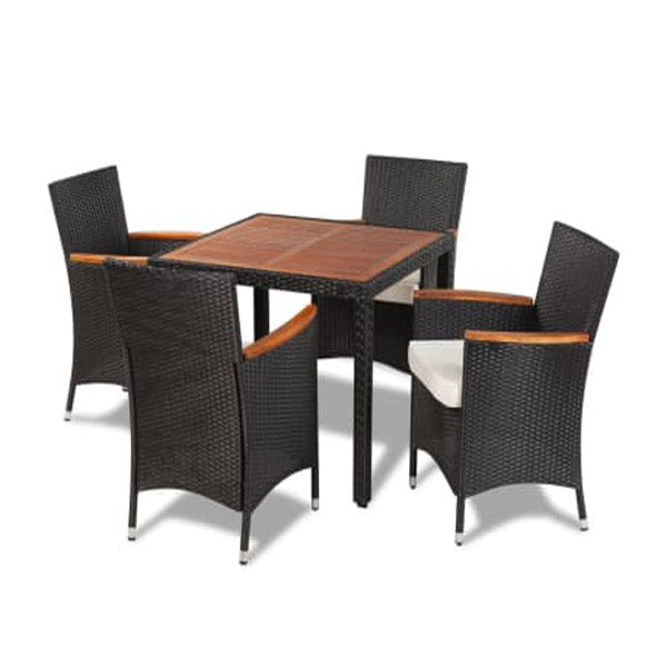 5-Piece Rattan Dining Set, Acacia Top – Black