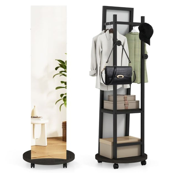 Freestanding Coat Tree with Mirror – Black & Walnut